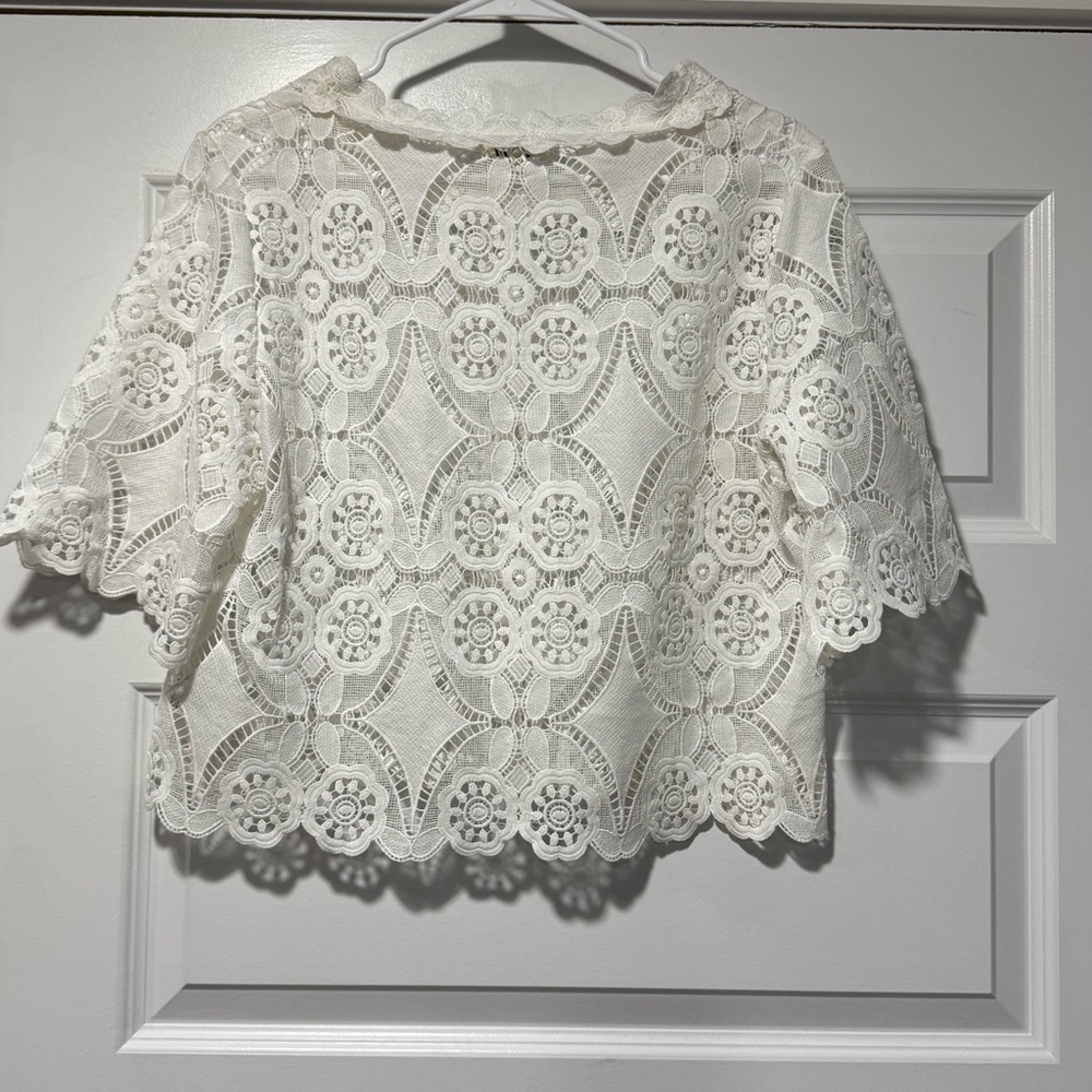 Umgee Cream Crochet Lace Short Sleeve Boho Blouse - Picture 5 of 9